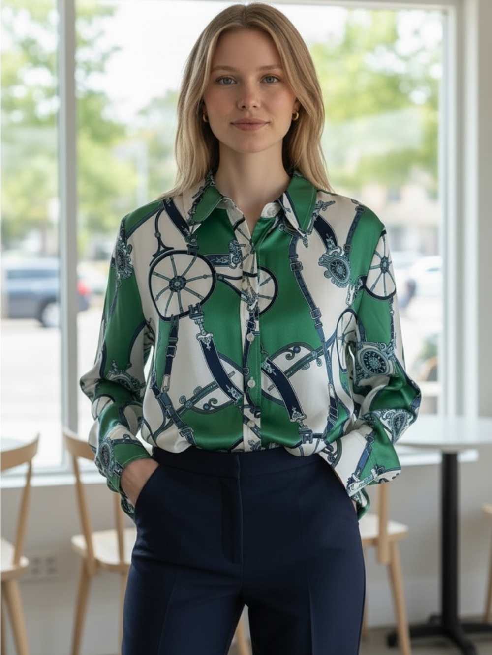 Liz Claiborne women’s  Green, White & Navy Printed Button-Down Blouse 12P